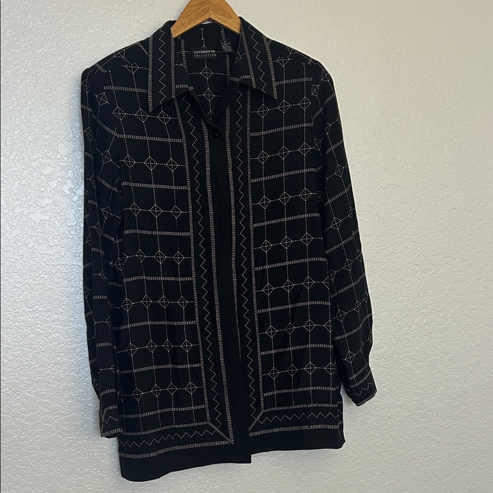 Liz Claiborne collections 100% silk Black Shirt with Geometric Pattern